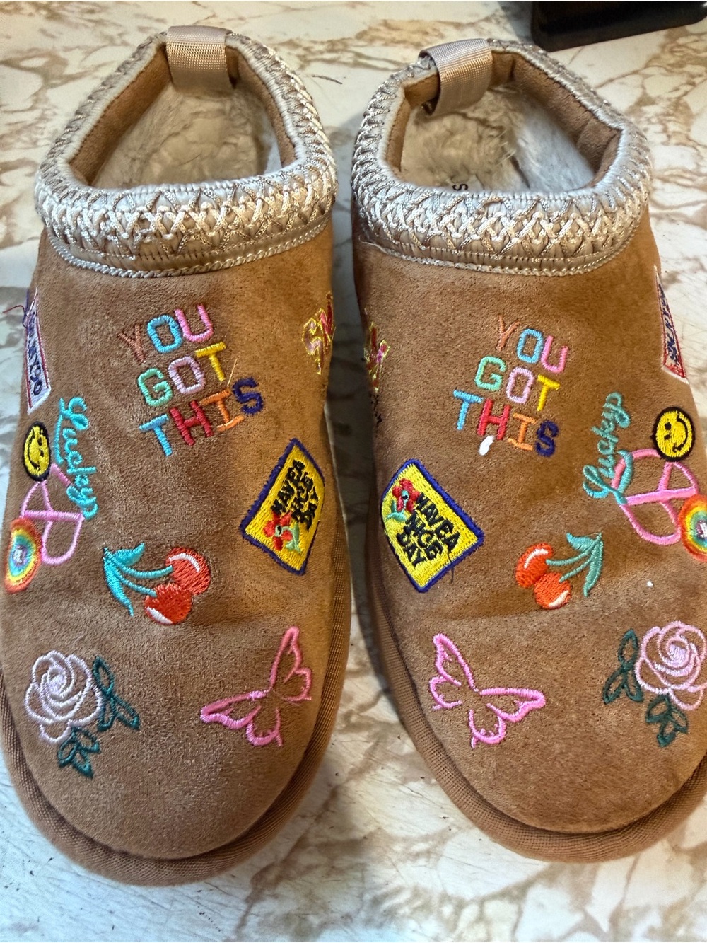 Steve Madden Kids Tan Embroidered Slip-On Slippers with Multicolor Patches